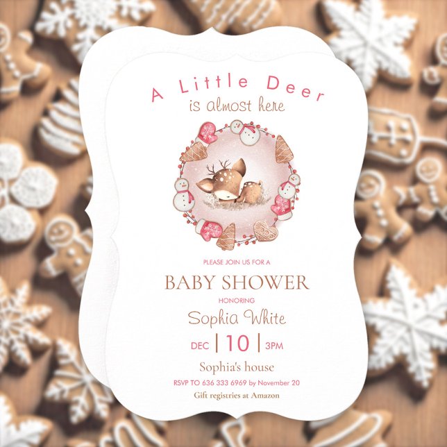 Invitación Navidades rosados de venado durmientes Baby Shower (Cute Sleeping Deer Pink Christmas Baby Shower Invitation)