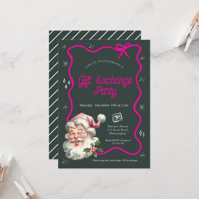 Invitación Navidades rosados fiesta de intercambio de regalos (Anverso/Reverso In Situ)