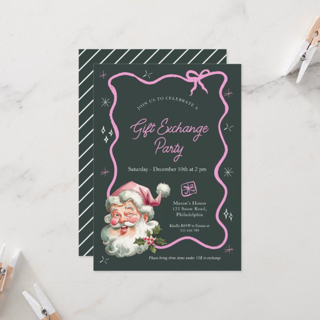 Invitación Navidades rosados fiesta de intercambio de regalos (Anverso/Reverso In Situ)