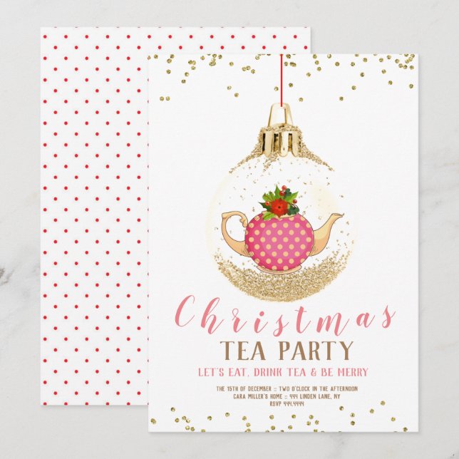 Invitación Navidades rosados Fiesta de té navideño (Anverso / Reverso)