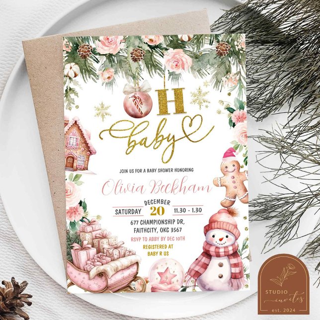 Invitación Navidades rosados Floral Sleigh Oh Baby Shower (Subido por el creador)