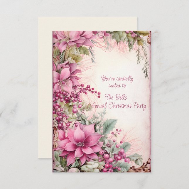 Invitación Navidades rosados Flores Fiesta anual de Navidades (Anverso / Reverso)