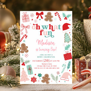 Invitación Navidades rosados Oh Qué Divertido Primer Cumpleañ