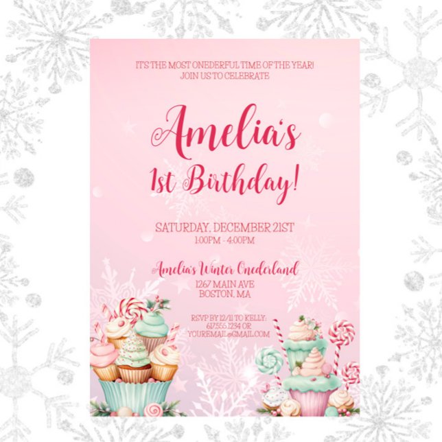 Invitación Navidades rosados Onederland Cupakes 1er cumpleaño (Pink Christmas Winter Onederland Cupcake 1st Birthday Invitation, Onederful Time of the Year)