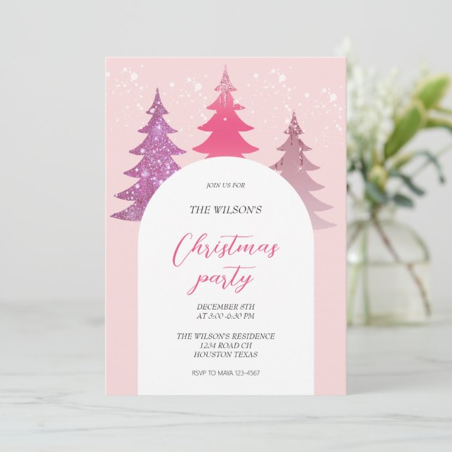 Invitación Navidades rosados Purpurinas artísticos (Anverso de pie)