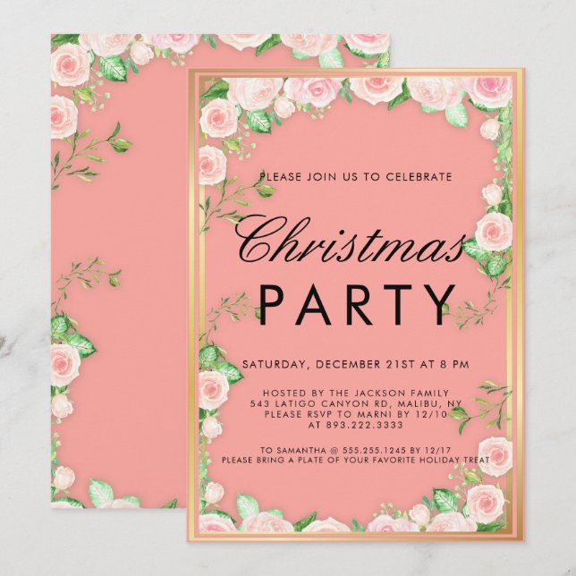 Invitación Navidades rosados Purpurinas Floral Gold de Poinse (Anverso / Reverso)