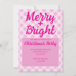 Invitación Navidades rosados tartán Fiestas feriados Merry Br