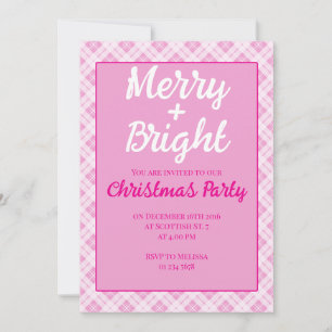 Invitación Navidades rosados tartán Fiestas feriados Merry Br