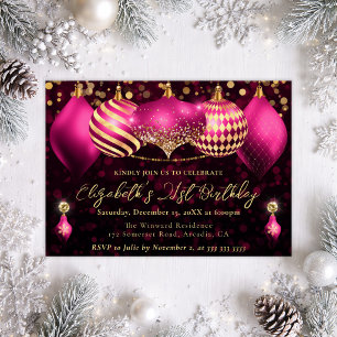 Invitación Navidades rosados y de oro baubles 21 cumpleaños