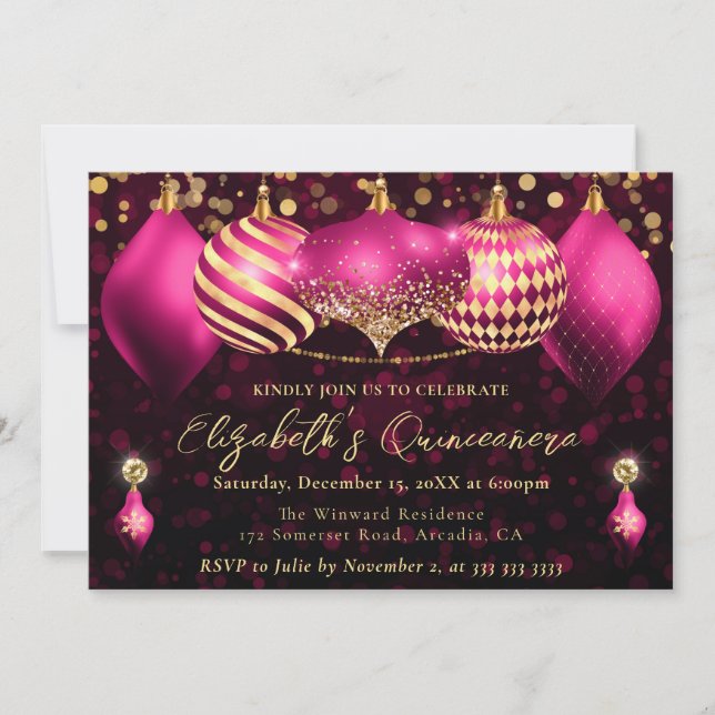 Invitación Navidades rosados y dorados baubles Quinceanera (Anverso)