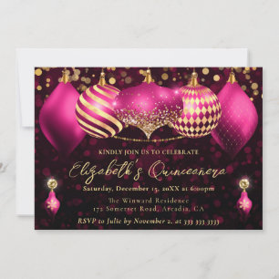 Invitación Navidades rosados y dorados baubles Quinceanera