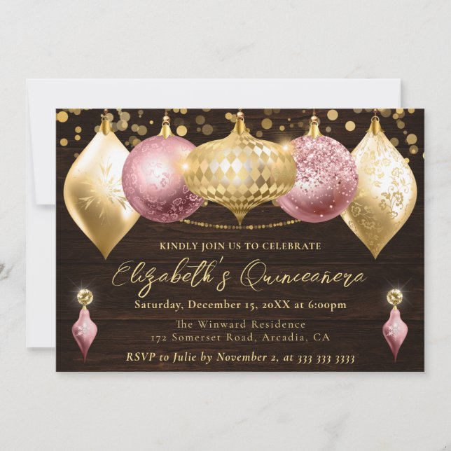 Invitación Navidades rosados y dorados baubles Quinceanera (Anverso)