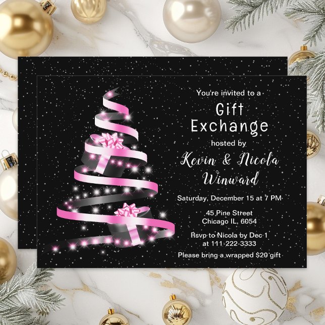 Invitación Navidades rosados y negros intercambian regalos (Subido por el creador)