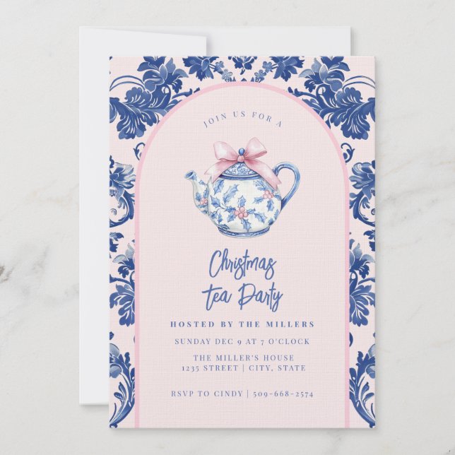 Invitación Navidades rosas y azules Fiesta de té (Anverso)