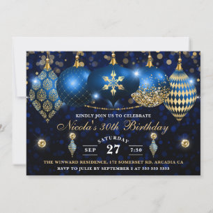 Invitación Navidades Royal Blue y Gold Baubles Cumpleaños