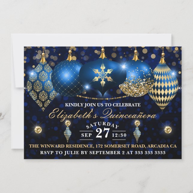 Invitación Navidades Royal Blue y Gold Baubles Quinceañera (Anverso)