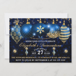 Invitación Navidades Royal Blue y Gold Baubles Quinceañera