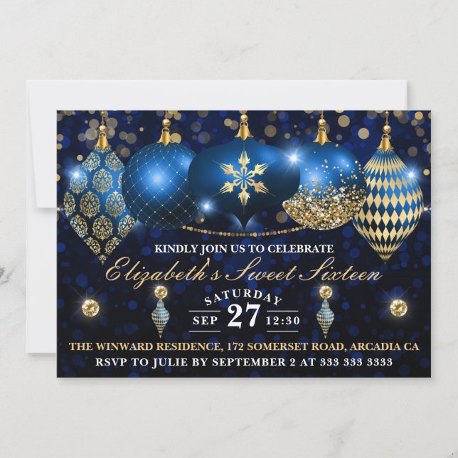Invitación Navidades Royal Blue y Gold Baubles Sweet 16 (Anverso)