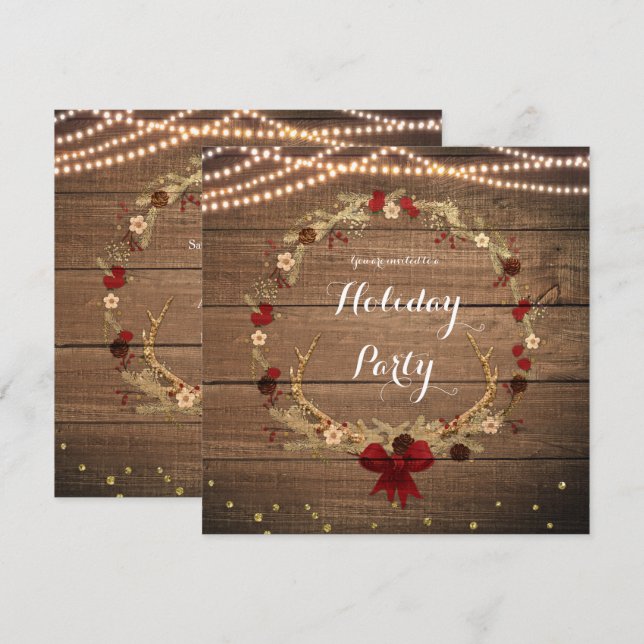 Invitación Navidades rusos Antler Wreath Wood & Lights (Anverso / Reverso)