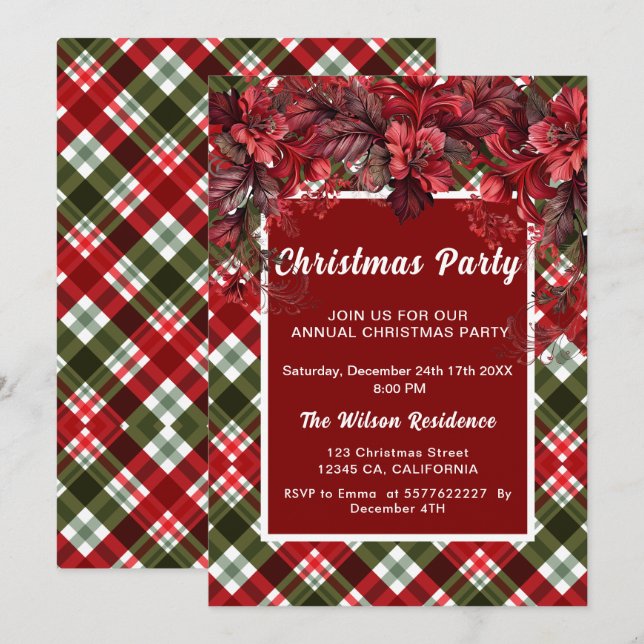 Invitación Navidades rusos de Poinsettia Plaid Tartan Kraft (Anverso / Reverso)