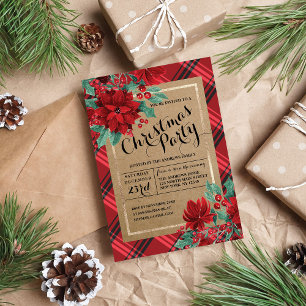 Invitación Navidades rusos de Poinsettia Plaid Tartan Kraft
