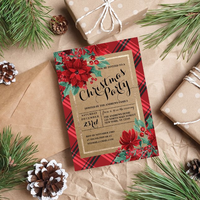 Invitación Navidades rusos de Poinsettia Plaid Tartan Kraft (Subido por el creador)