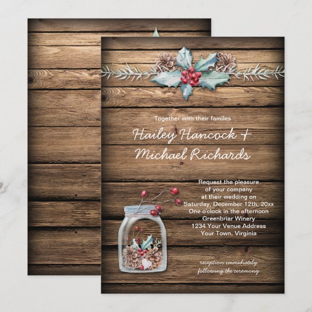 Invitación Navidades rusos Holly deja a Berries Mason Jar (Anverso / Reverso)