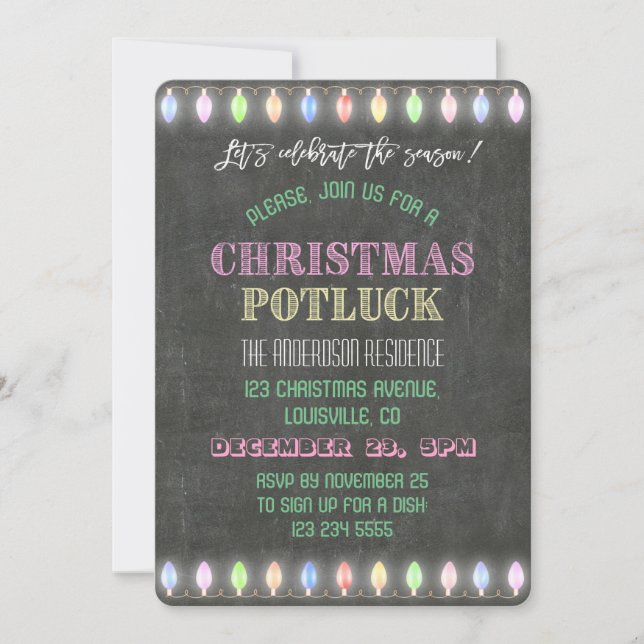 Invitación Navidades rusos Potluck Chalkboard String Lights (Anverso)