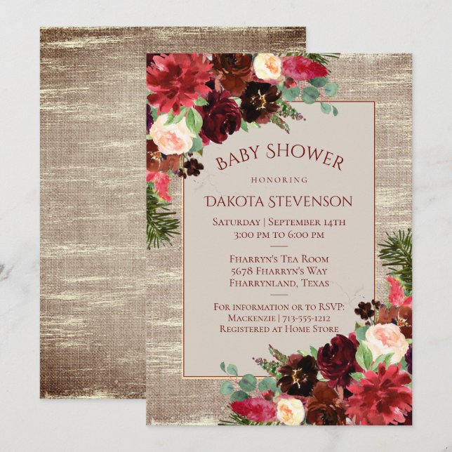 Invitación Navidades Rustic Boho Burgundy Gold Baby Shower (Anverso / Reverso)