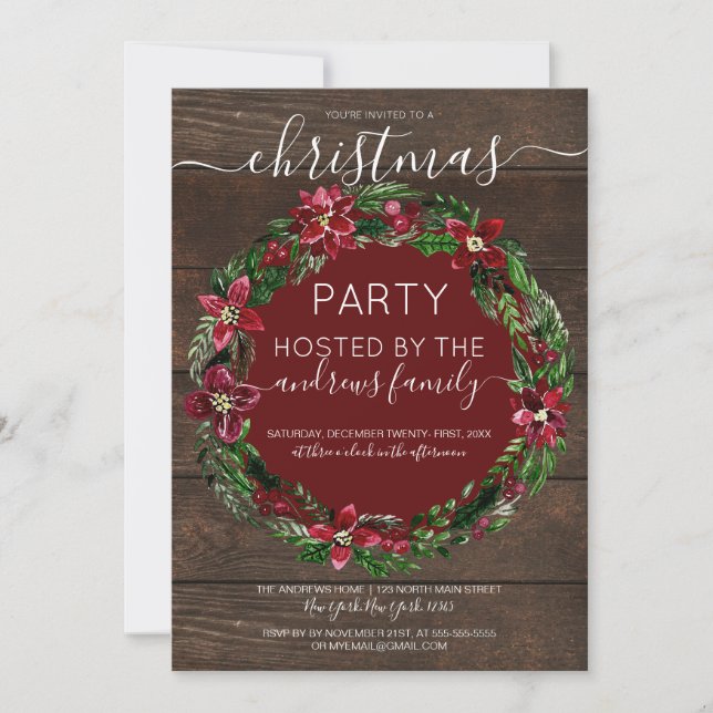 Invitación Navidades Rustic Red Holly Floral Wreath Wood (Anverso)