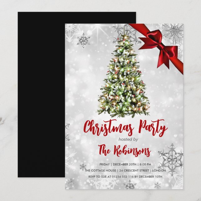 Invitación Navidades | Rústico Árbol y cinta roja Glam de vac (Anverso / Reverso)
