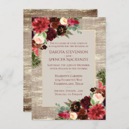 Invitación Navidades Rústico Boho Floral Burgundy Gold Burlap