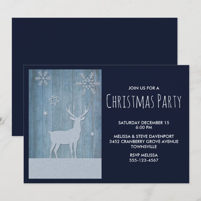 Invitación Navidades Rústicos De Los Renos Azules De Madera (Anverso / Reverso)