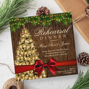 Invitación Navidades Rústicos ensayan árbol de cena y cinta d