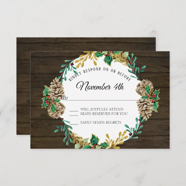 Invitación Navidades Rústicos Greenery Wreath Watercolor RSVP (Anverso / Reverso)