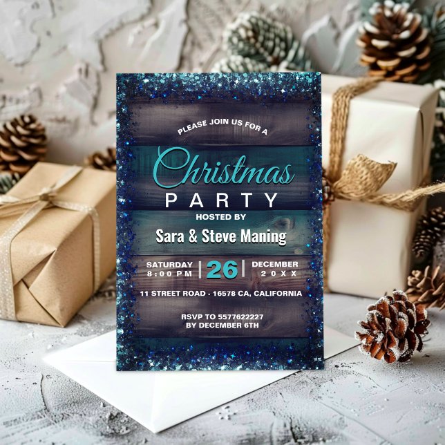 Invitación Navidades rústicos purpurina azul festejo (Subido por el creador)