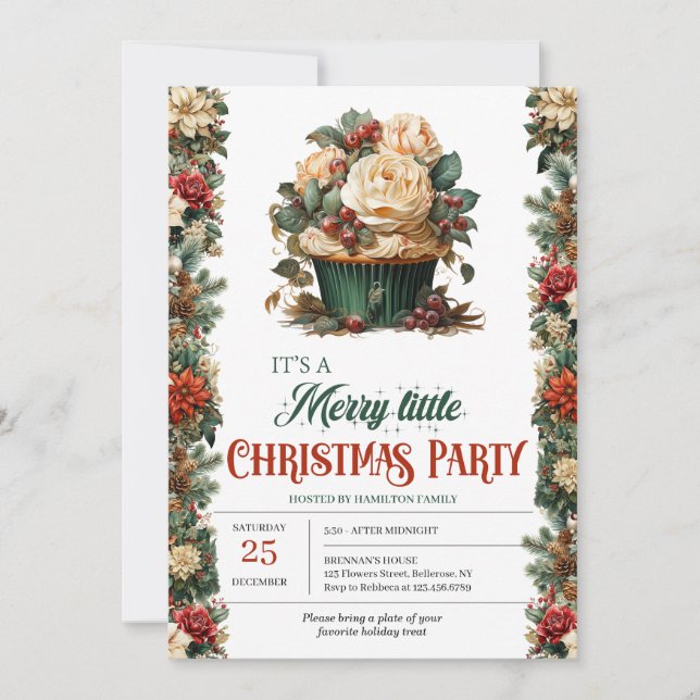 Invitación Navidades rústicos verdes y dorados elegantes (Anverso)