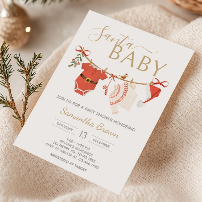 Invitación Navidades Santa Baby Shower (Santa Baby Clothesline Christmas Baby Shower Invitation)