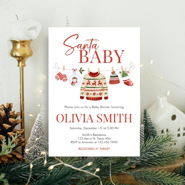 Invitación Navidades Santa Baby Shower (Christmas Santa Baby Clothesline Baby Shower Invitation)