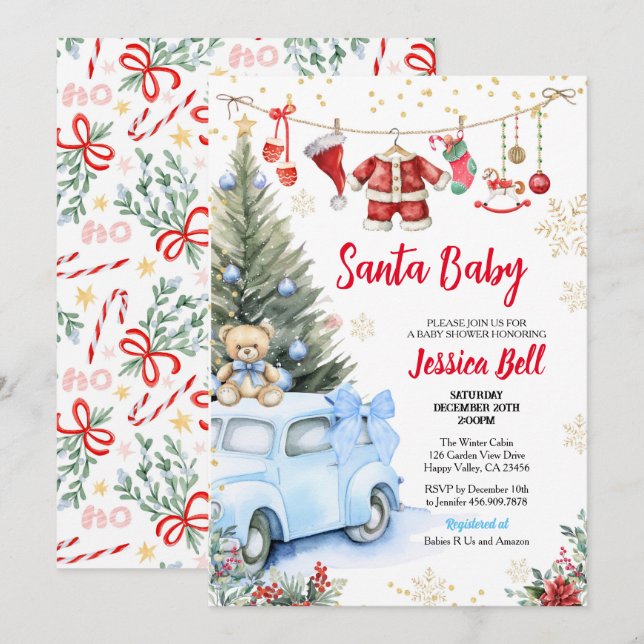 Invitación Navidades Santa Baby Shower Boy Blue Retro Car (Anverso / Reverso)