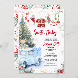 Invitación Navidades Santa Baby Shower Boy Blue Retro Car