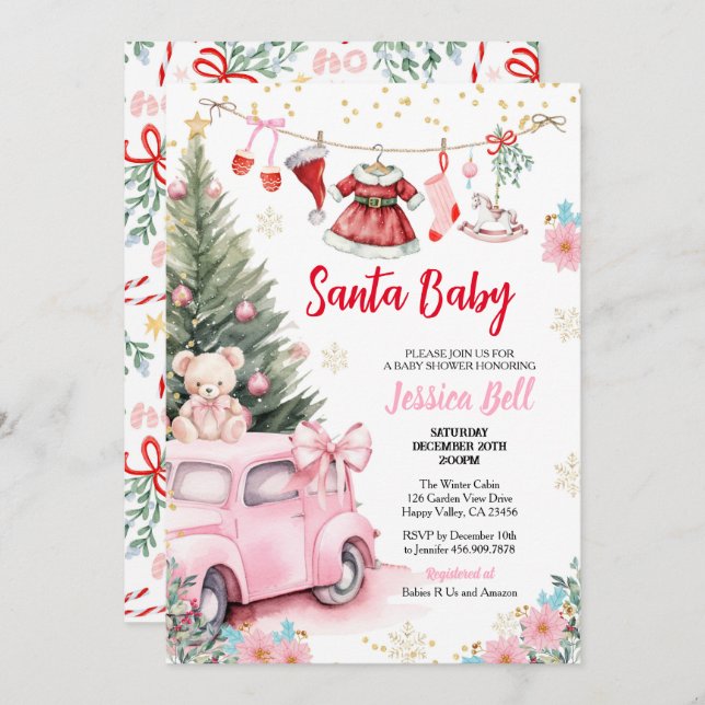 Invitación Navidades Santa Baby Shower Chica Red Pink Cute (Anverso / Reverso)