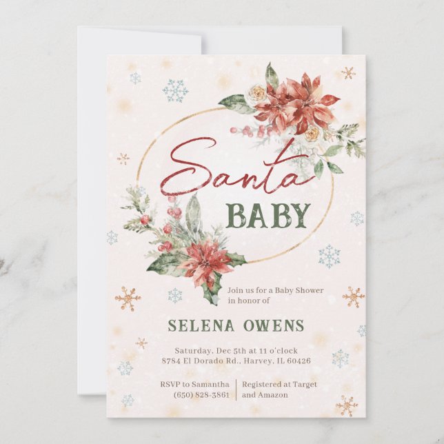 Invitación Navidades Santa Baby Shower Poinsettia Red Gold (Anverso)