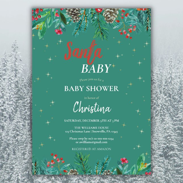 Invitación Navidades Santa Baby Shower Watercolor Green (Subido por el creador)