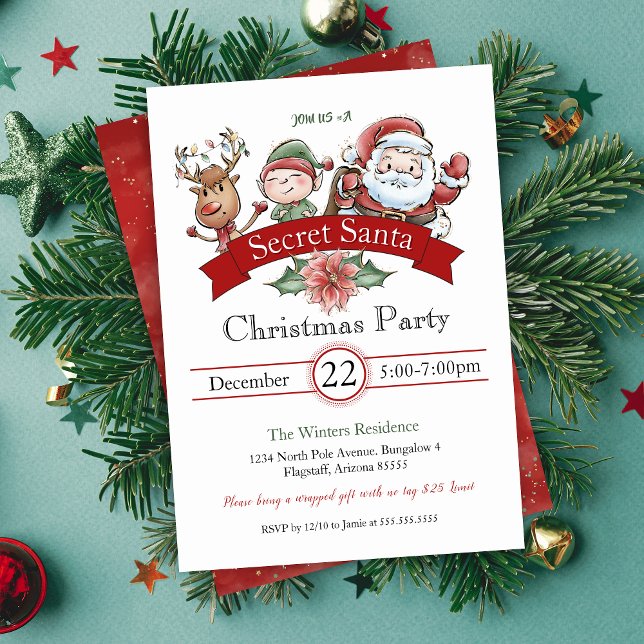 Invitación Navidades Santa Secretos de Cambio de Regalos Mode (cute secret santa party invitations for holiday office party or gift exchange white elephant party)