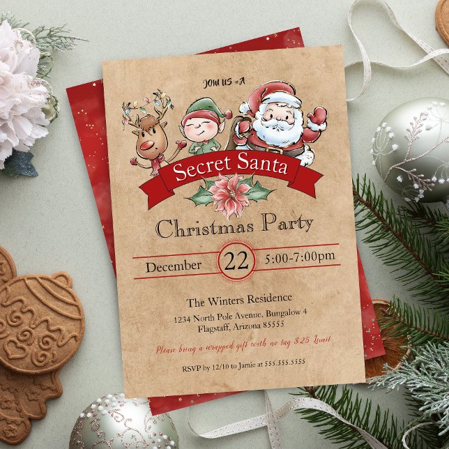 Invitación Navidades secretos de intercambio de regalos antig (Vintage secret santa gift exchange party invitation for holiday office party or white elephant gifts)