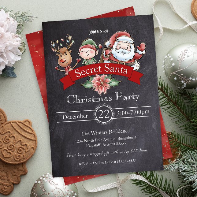 Invitación Navidades secretos de intercambio de regalos de Ch (secret santa party invitations for holiday office party annual christmas party or gift exchange)