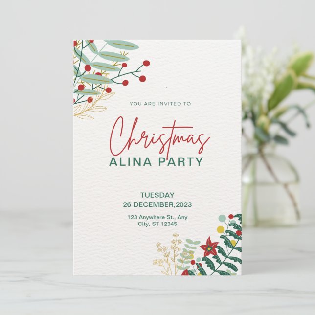 Invitación Navidades Sencillos Verde Y Rojo Alina Fiesta (Anverso de pie)