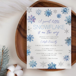 Invitación Navidades simples azul pequeño copo de nieve Baby 