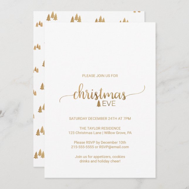 Invitación Navidades simples de caligrafía de oro (Anverso / Reverso)